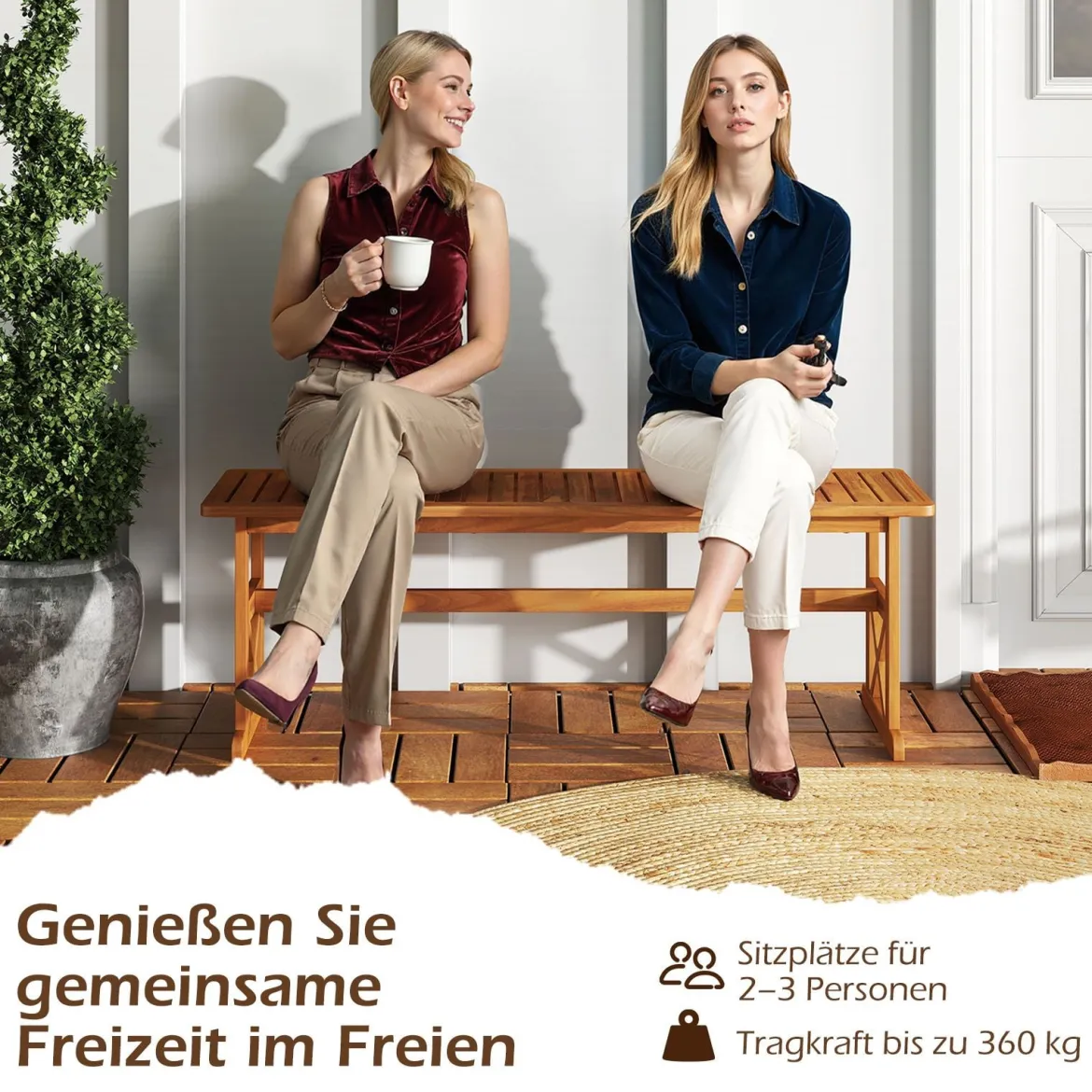 130 cm Außenbank aus Akazienholz 2-3 Personen Rückenfreie Gartenbank mit Lattenrost-Sitz Natur