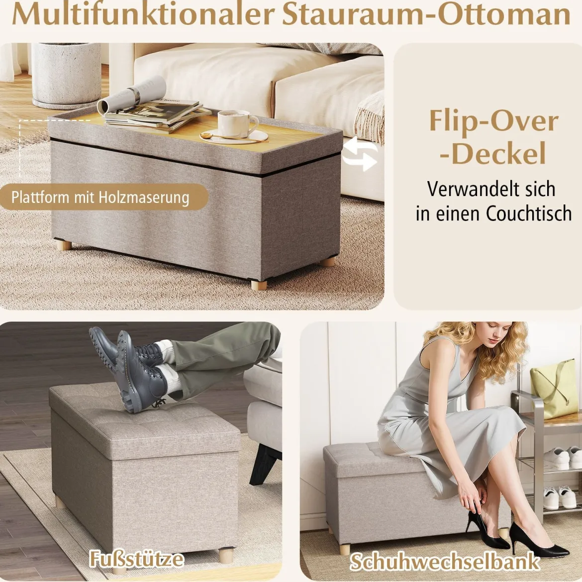 76 cm Aufbewahrungsbank Leinenstoff Bank am Bettende mit Tablett & Gummibaumholzbeinen Grau