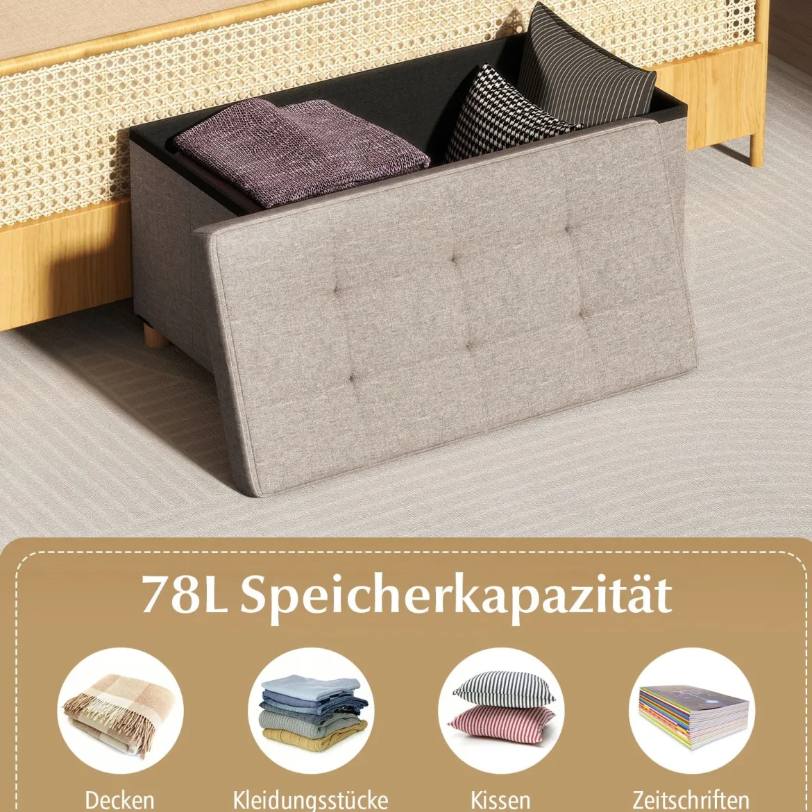 76 cm Aufbewahrungsbank Leinenstoff Bank am Bettende mit Tablett & Gummibaumholzbeinen Grau