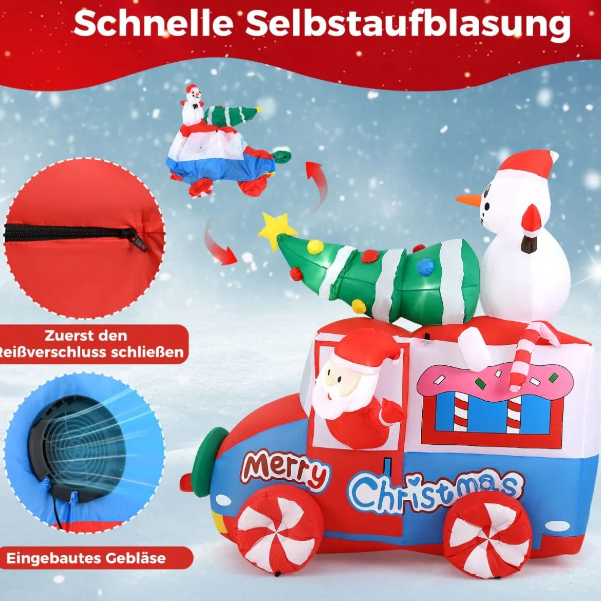 177cm Aufblasbare Deko Weihnachten LED Weihnachtsmann im Auto Weihnachtsdekoration mit Schneemann