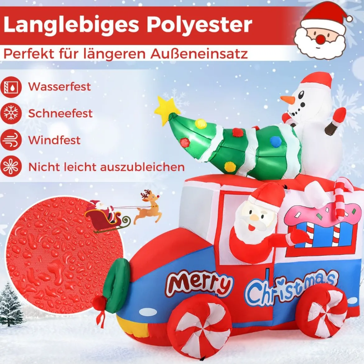 177cm Aufblasbare Deko Weihnachten LED Weihnachtsmann im Auto Weihnachtsdekoration mit Schneemann