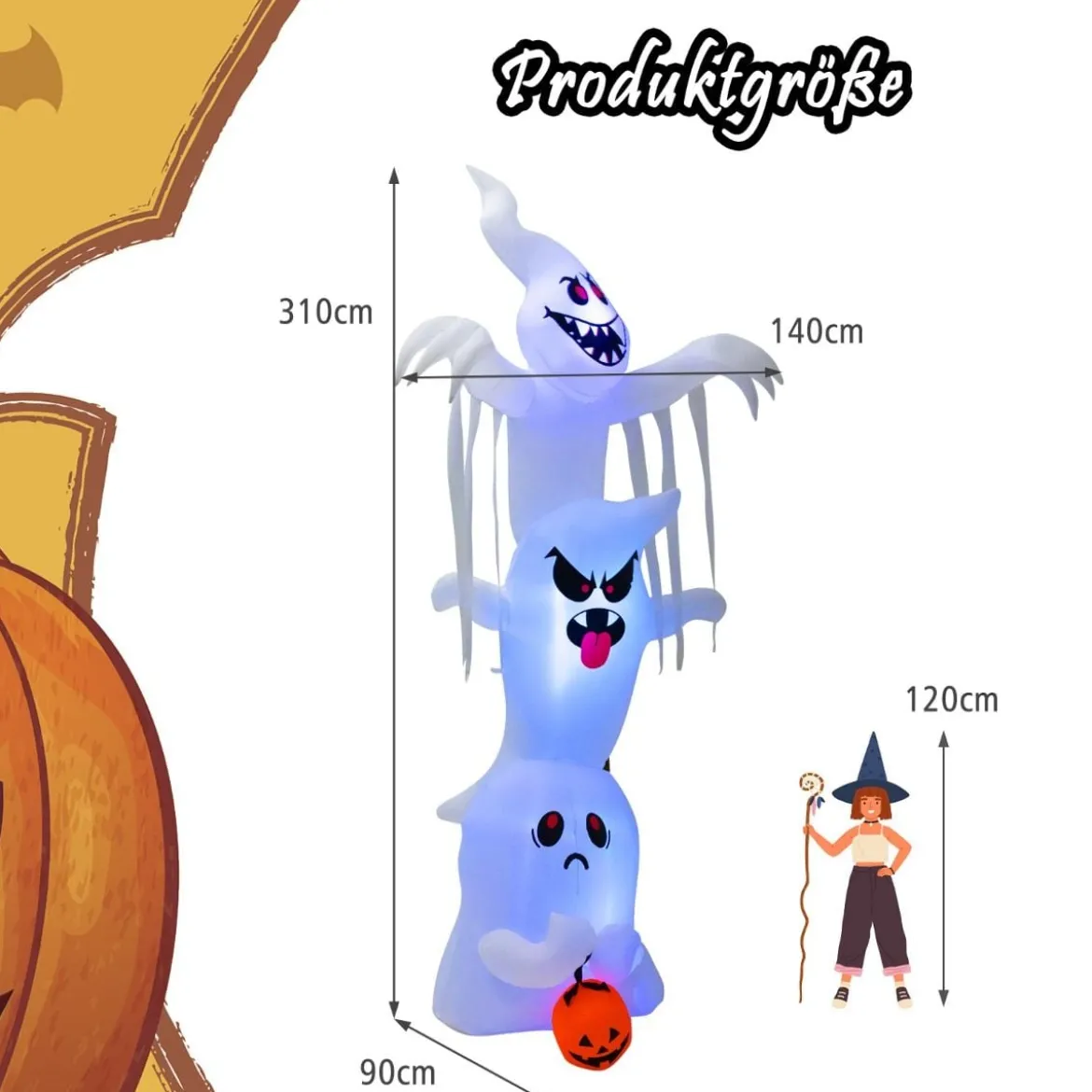 310 cm Aufblasbare Gestapelte Halloween-Geister Halloween-Dekoration mit bunten RGB-Lichtern Weiß