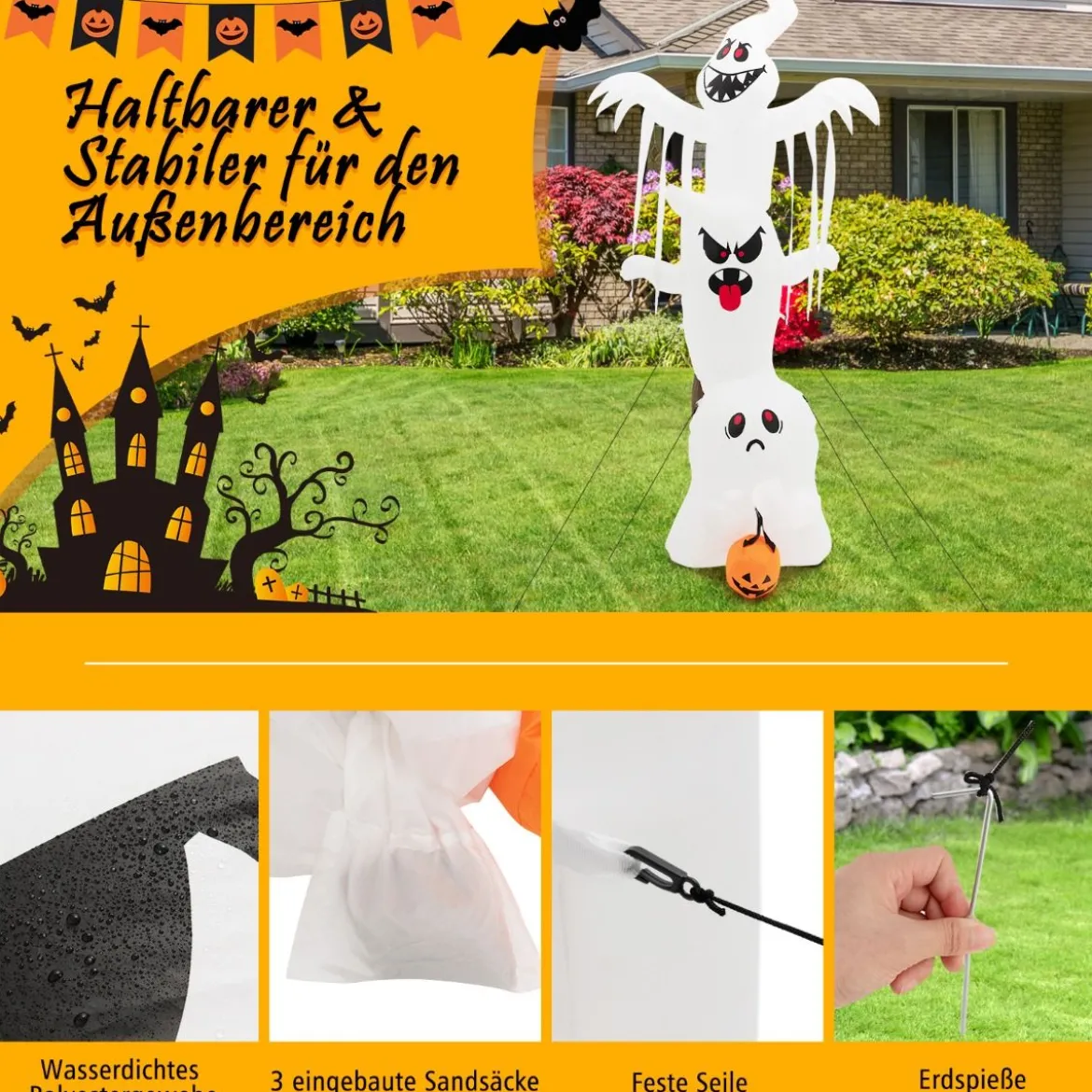 310 cm Aufblasbare Gestapelte Halloween-Geister Halloween-Dekoration mit bunten RGB-Lichtern Weiß