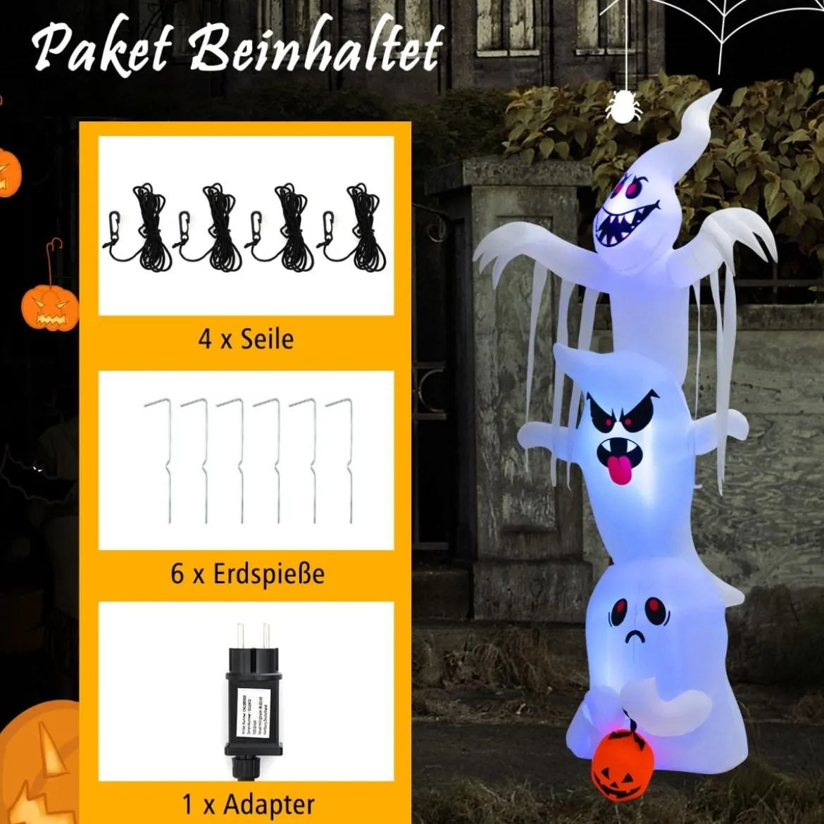 310 cm Aufblasbare Gestapelte Halloween-Geister Halloween-Dekoration mit bunten RGB-Lichtern Weiß
