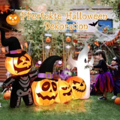 226 cm Aufblasbare Halloween-Dekoration mit LED-Leuchten Geister- und Hexenhüten