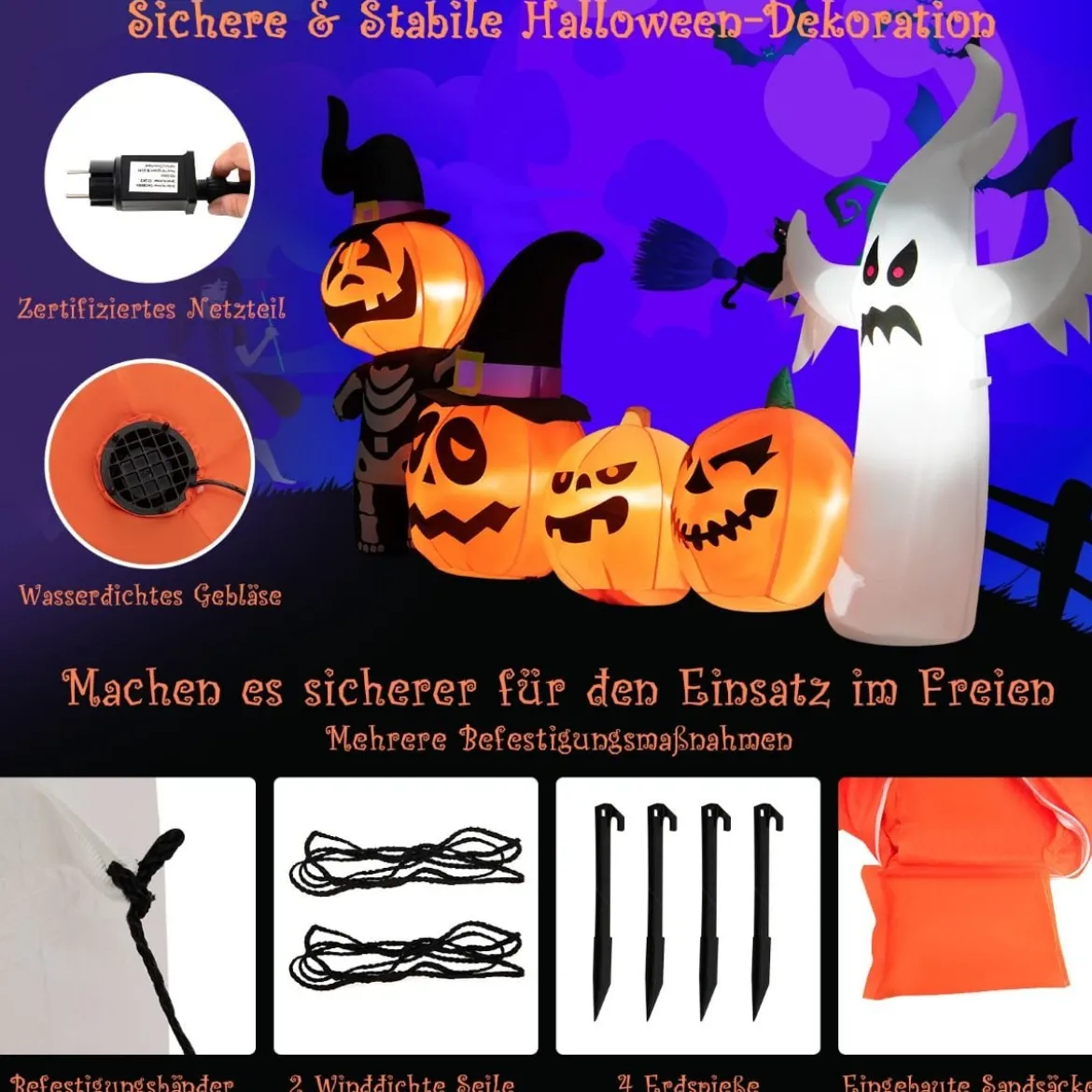 226 cm Aufblasbare Halloween-Dekoration mit LED-Leuchten Geister- und Hexenhüten