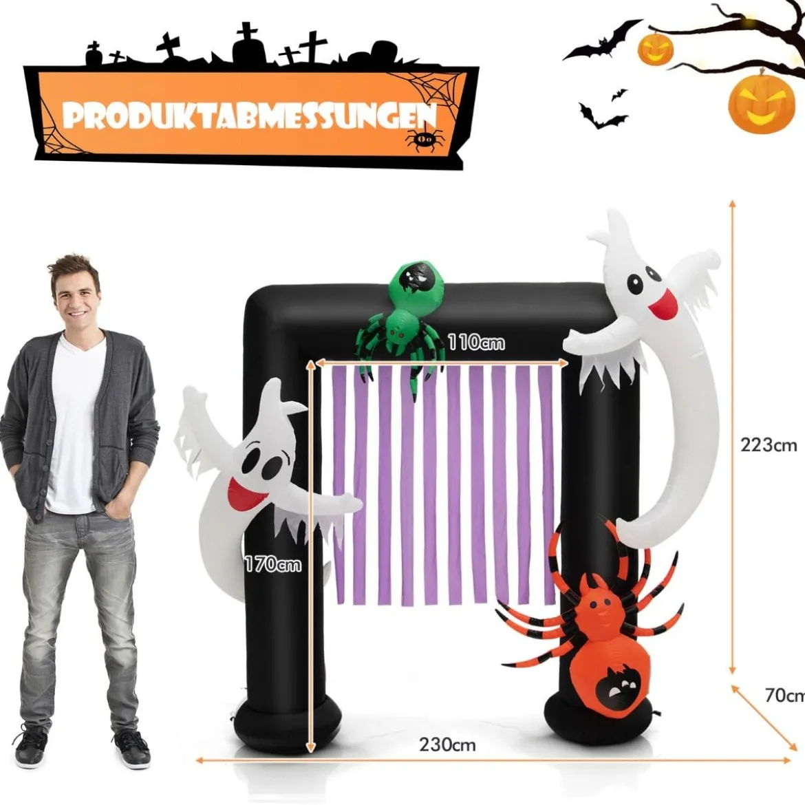 223 cm Aufblasbarer Halloween-Torbogen Dekoration zum Aufblasen mit 2 Geistern und 2 Spinnen