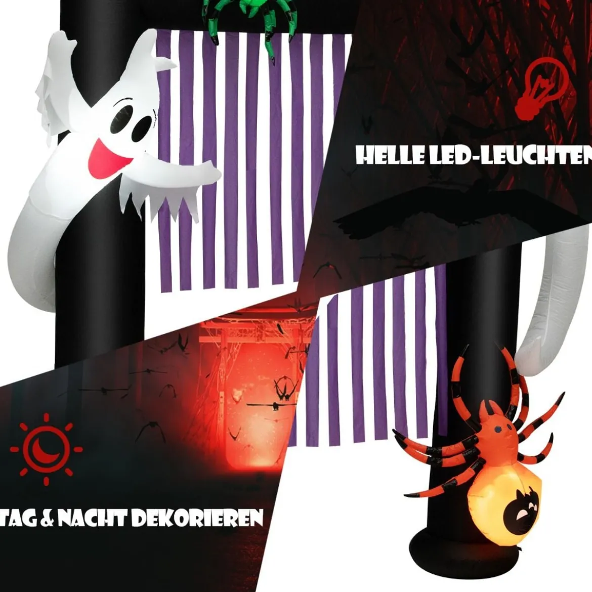 223 cm Aufblasbarer Halloween-Torbogen Dekoration zum Aufblasen mit 2 Geistern und 2 Spinnen