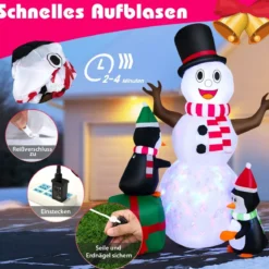 180 cm Aufblasbarer Schneemann mit Pinguinen Weihnachten Deko draußen XL