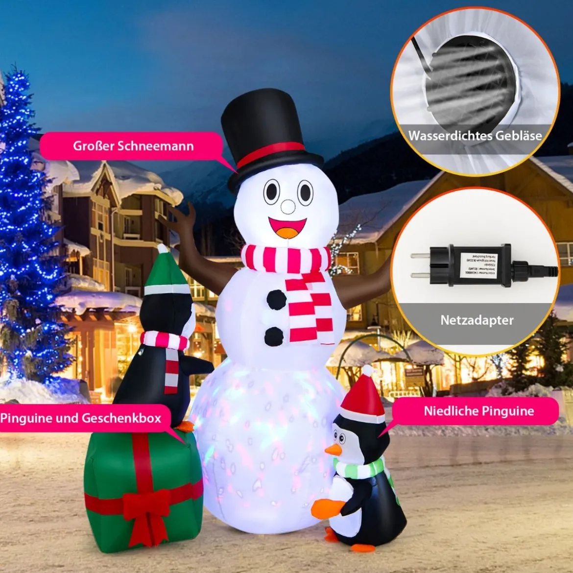 180 cm Aufblasbarer Schneemann mit Pinguinen Weihnachten Deko draußen XL
