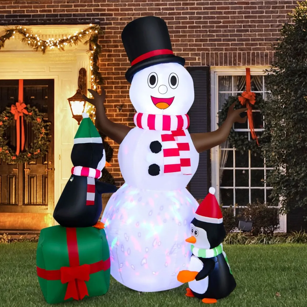 180 cm Aufblasbarer Schneemann mit Pinguinen Weihnachten Deko draußen XL