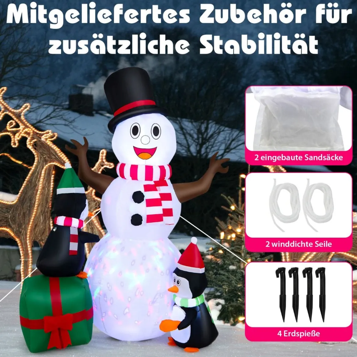 180 cm Aufblasbarer Schneemann mit Pinguinen Weihnachten Deko draußen XL
