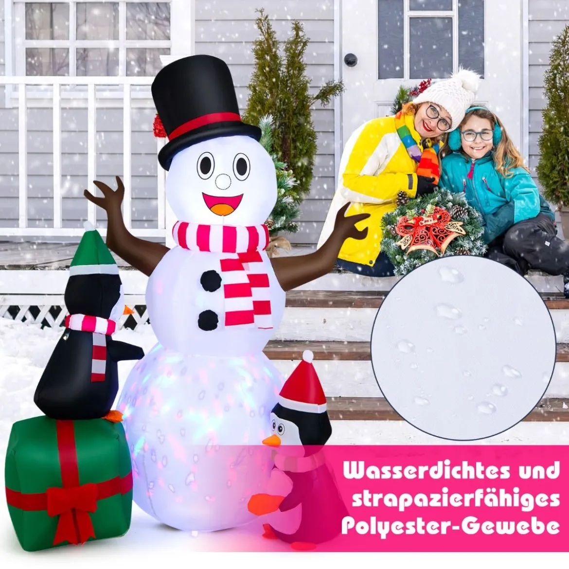 180 cm Aufblasbarer Schneemann mit Pinguinen Weihnachten Deko draußen XL