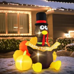 150 cm Aufblasbarer Truthahn mit Kürbis Thanksgiving-Dekoration mit LED-Lichtern