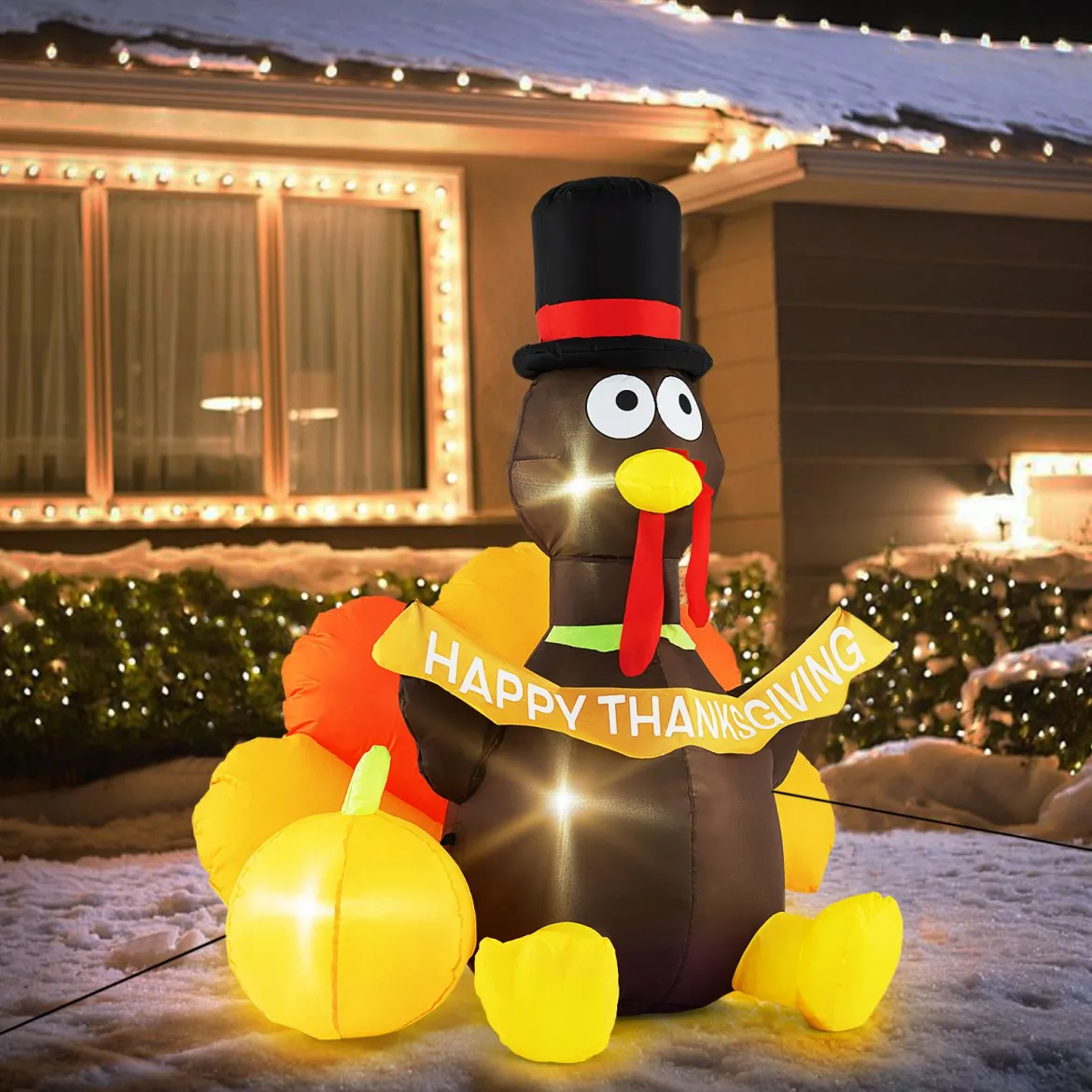 150 cm Aufblasbarer Truthahn mit Kürbis Thanksgiving-Dekoration mit LED-Lichtern