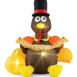 150 cm Aufblasbarer Truthahn mit Kürbis Thanksgiving-Dekoration mit LED-Lichtern