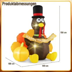 150 cm Aufblasbarer Truthahn mit Kürbis Thanksgiving-Dekoration mit LED-Lichtern