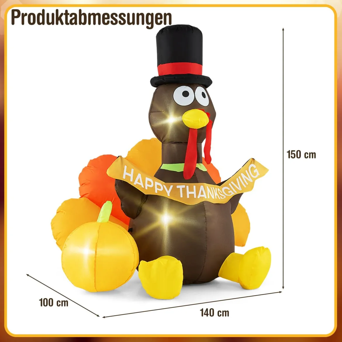 150 cm Aufblasbarer Truthahn mit Kürbis Thanksgiving-Dekoration mit LED-Lichtern