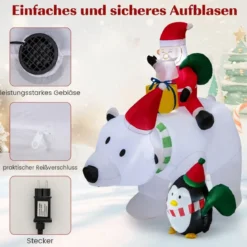 210cm Aufblasbarer Weihnachtsmann Eisbär mit Pinguin & Geschenkbox Weihnachtsfigur mit LED-Innenbeleuchtung