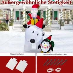 210cm Aufblasbarer Weihnachtsmann Eisbär mit Pinguin & Geschenkbox Weihnachtsfigur mit LED-Innenbeleuchtung