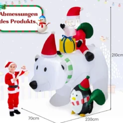 210cm Aufblasbarer Weihnachtsmann Eisbär mit Pinguin & Geschenkbox Weihnachtsfigur mit LED-Innenbeleuchtung