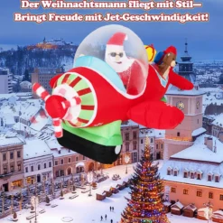 220 cm Aufblasbarer Weihnachtsmann im Flugzeug & Geschenkbox & LED-Lichtern