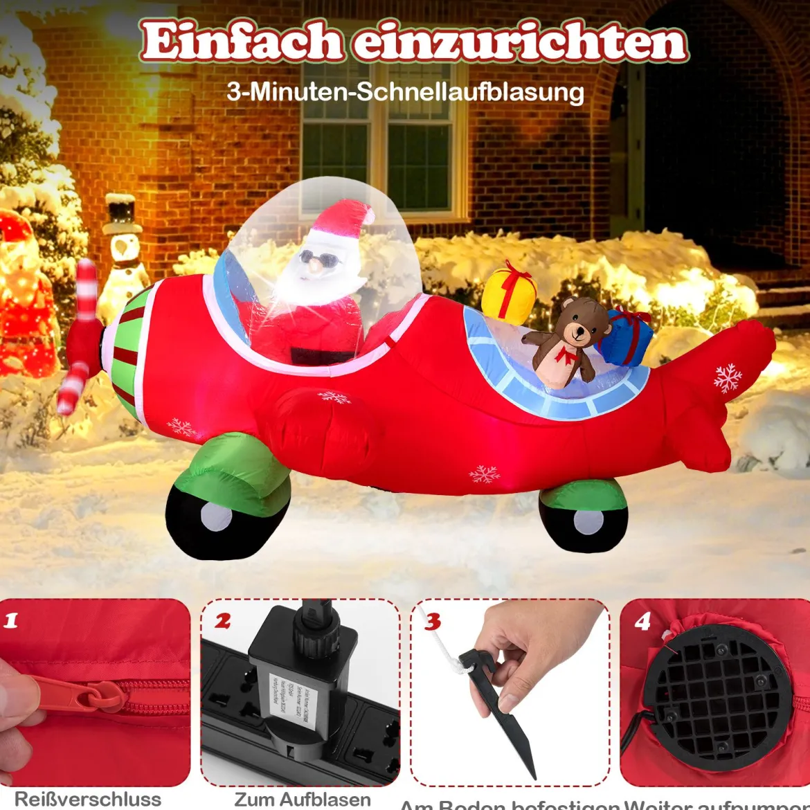 220 cm Aufblasbarer Weihnachtsmann im Flugzeug & Geschenkbox & LED-Lichtern