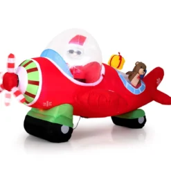 220 cm Aufblasbarer Weihnachtsmann im Flugzeug & Geschenkbox & LED-Lichtern