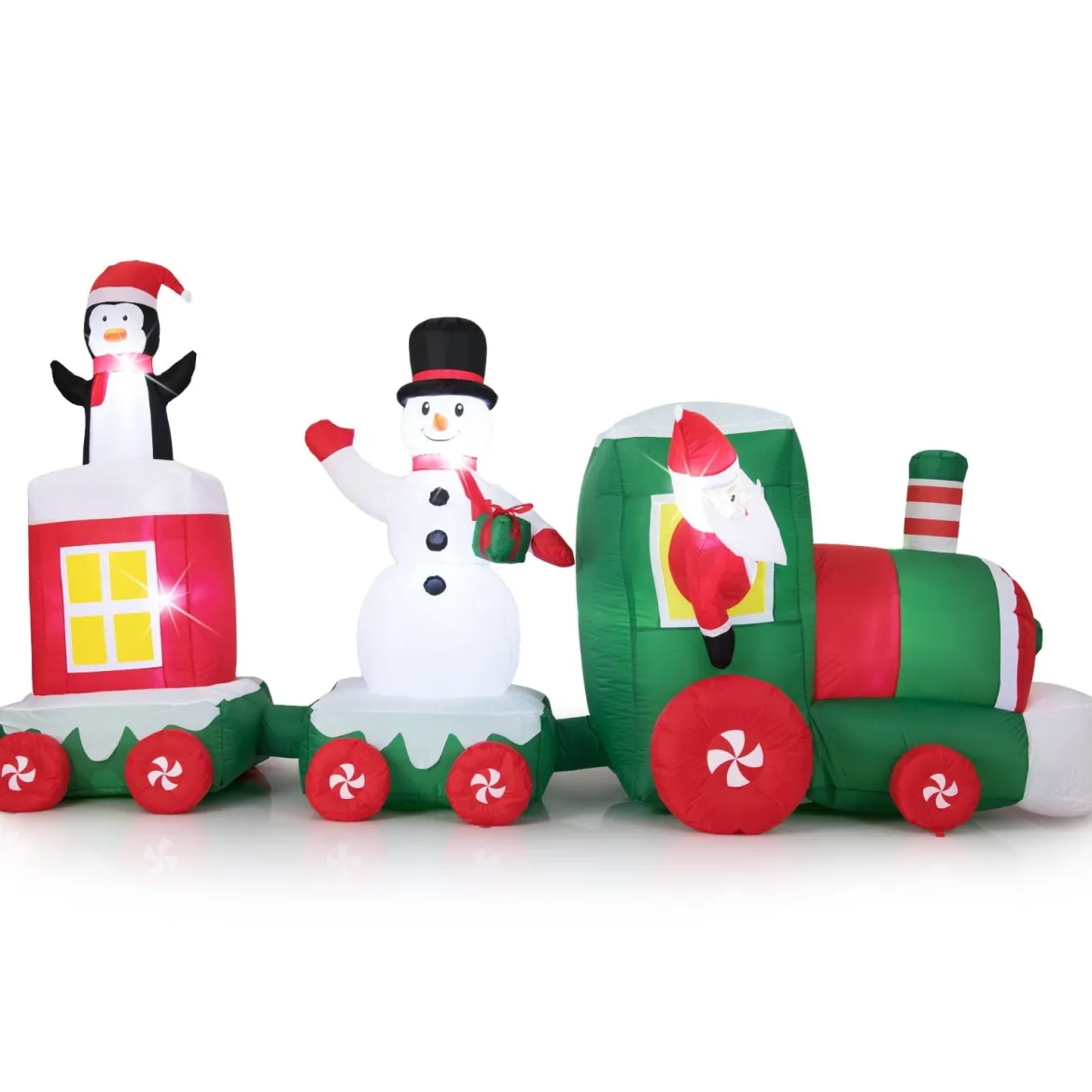 350 cm Aufblasbarer Weihnachtszug mit Weihnachtsmann & Schneemann & Pinguin