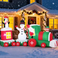 350 cm Aufblasbarer Weihnachtszug mit Weihnachtsmann & Schneemann & Pinguin