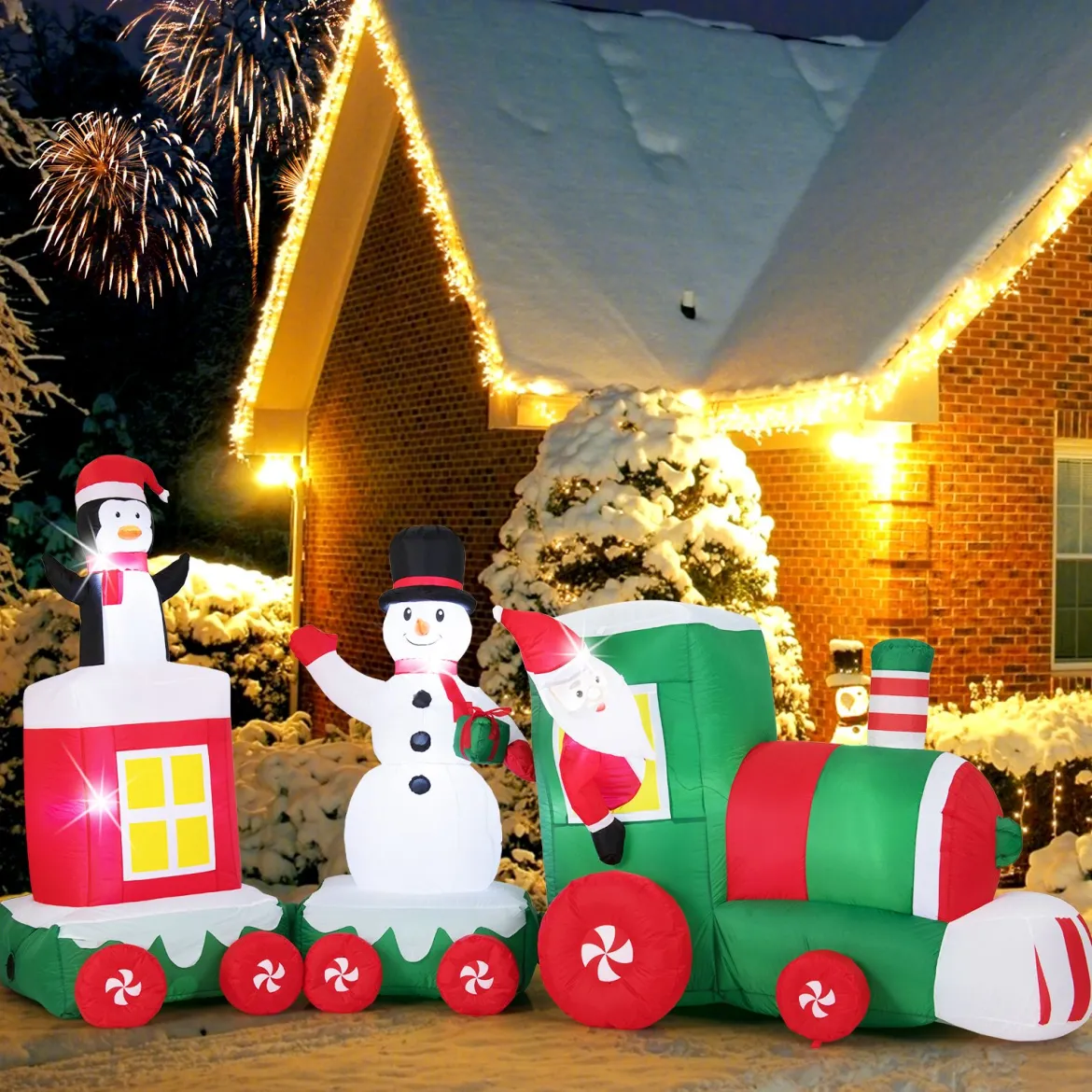 350 cm Aufblasbarer Weihnachtszug mit Weihnachtsmann & Schneemann & Pinguin