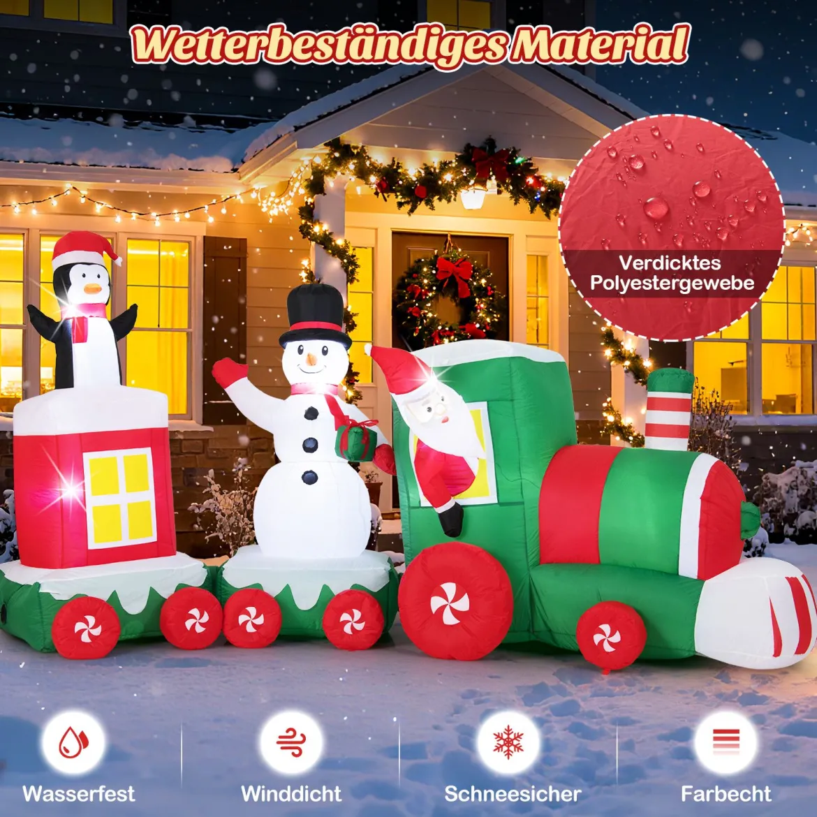 350 cm Aufblasbarer Weihnachtszug mit Weihnachtsmann & Schneemann & Pinguin