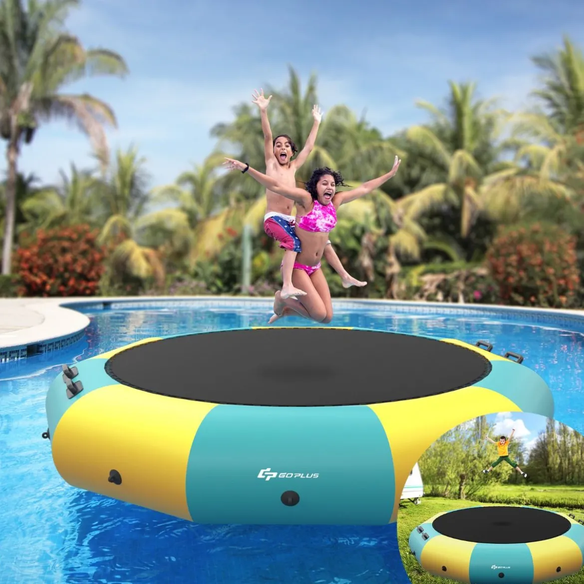 305cm Aufblasbares Wassertrampolin mit 500W elektrischer Aufblasvorrichtung Trampolin Bounce Gelb + Grün