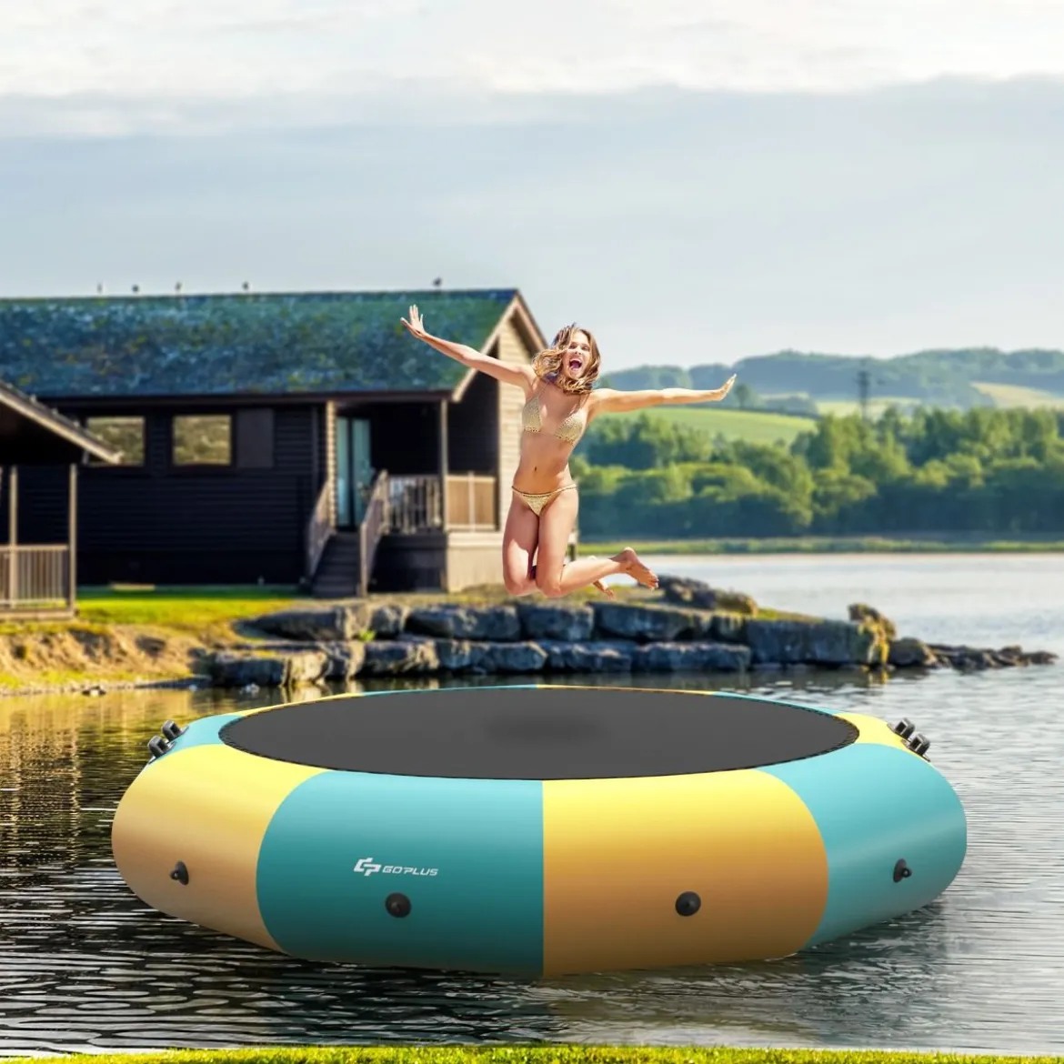 305cm Aufblasbares Wassertrampolin mit 500W elektrischer Aufblasvorrichtung Trampolin Bounce Gelb + Grün