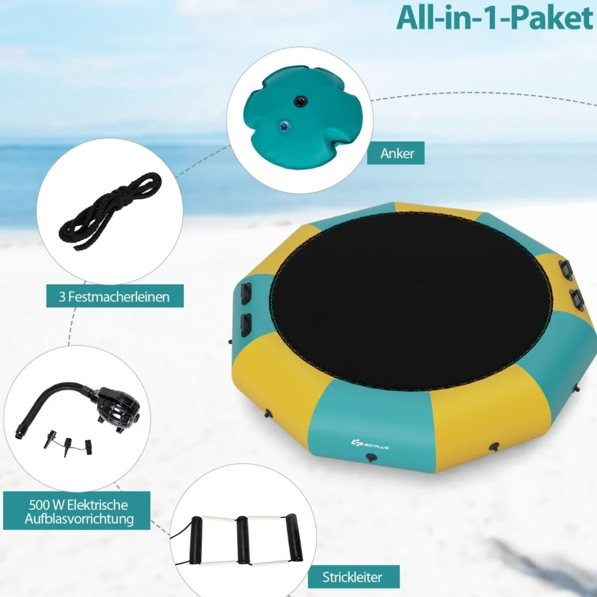 305cm Aufblasbares Wassertrampolin mit 500W elektrischer Aufblasvorrichtung Trampolin Bounce Gelb + Grün