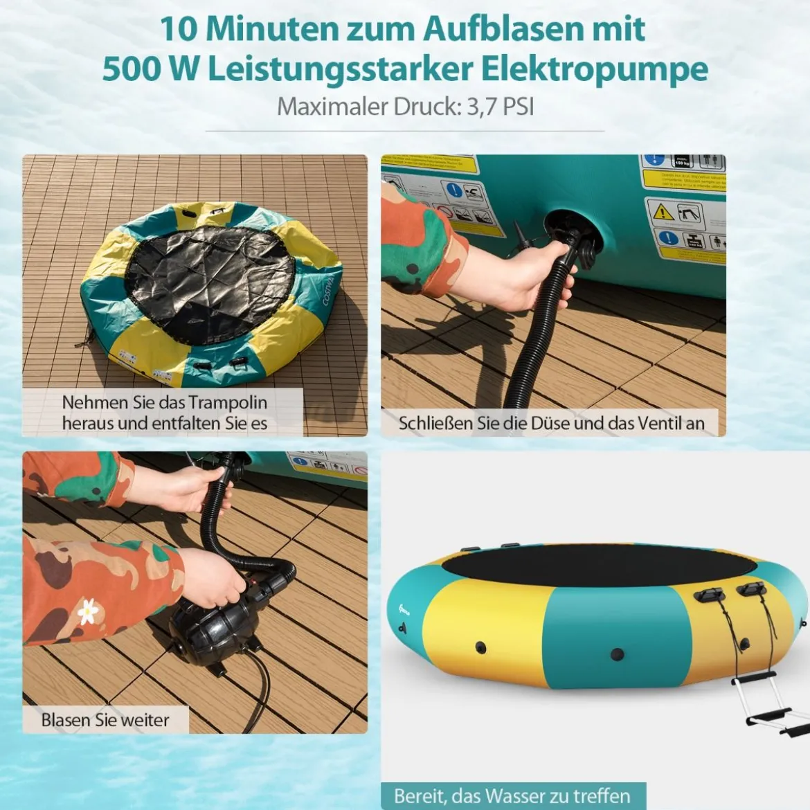 305cm Aufblasbares Wassertrampolin mit 500W elektrischer Aufblasvorrichtung Trampolin Bounce Gelb + Grün