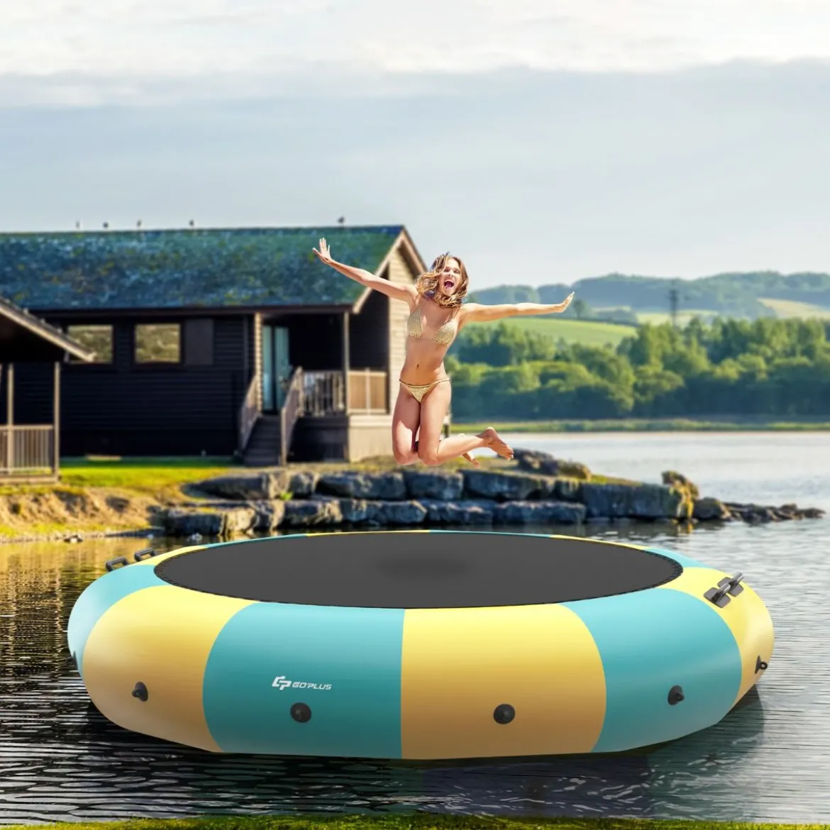 457cm Aufblasbares Wassertrampolin mit 500W elektrischer Aufblasvorrichtung Trampolin Bounce Gelb + Grün