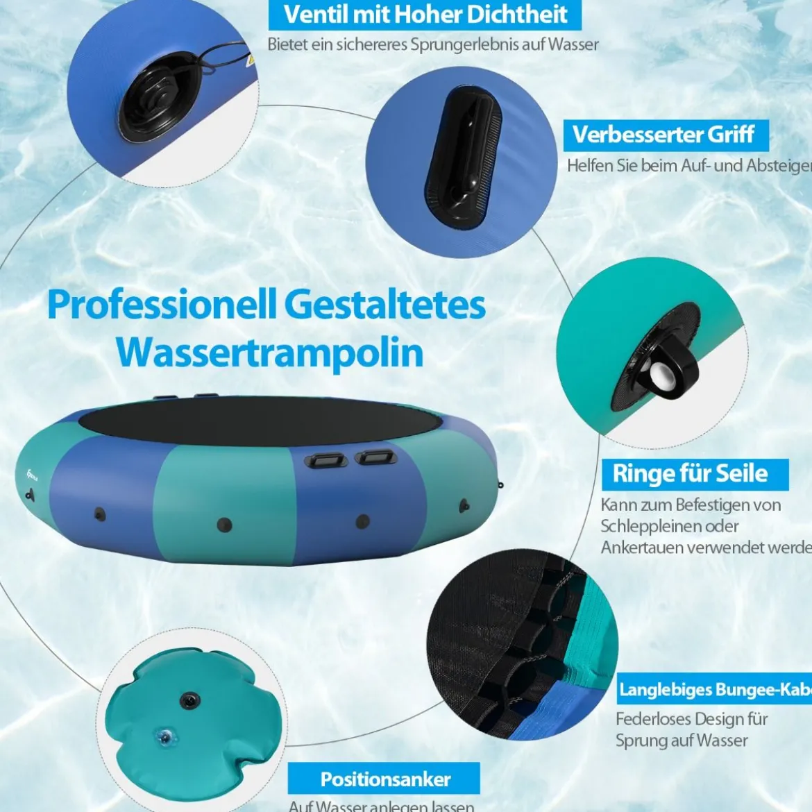 457cm Aufblasbares Wassertrampolin mit 500W elektrischer Aufblasvorrichtung Trampolin Bounce Blau + Grün