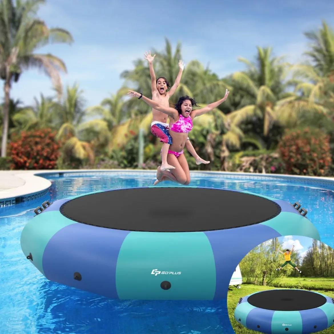457cm Aufblasbares Wassertrampolin mit 500W elektrischer Aufblasvorrichtung Trampolin Bounce Blau + Grün