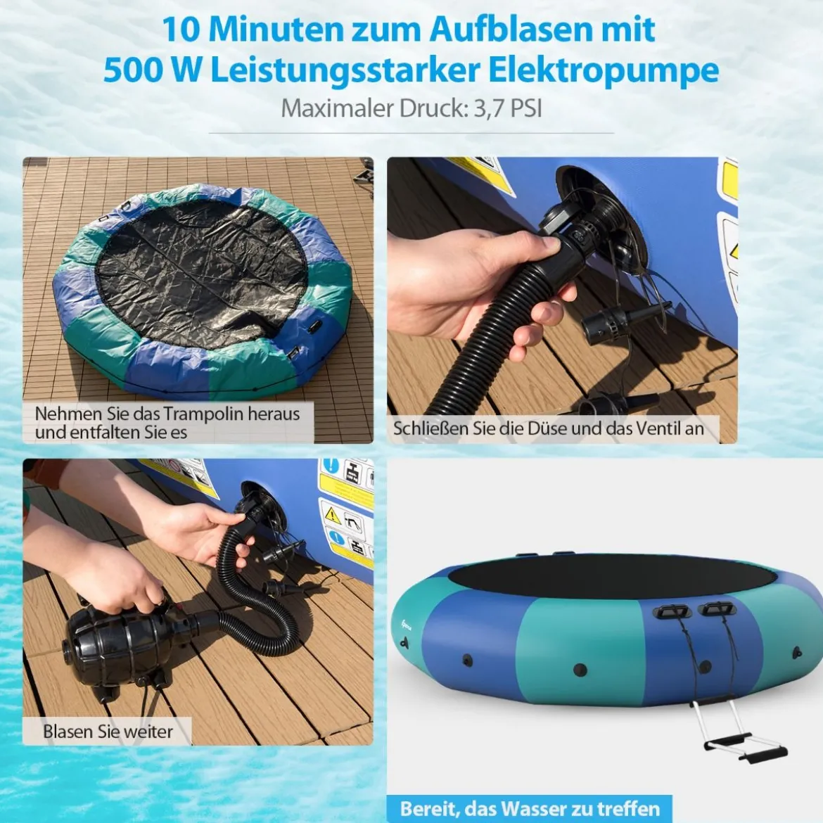 457cm Aufblasbares Wassertrampolin mit 500W elektrischer Aufblasvorrichtung Trampolin Bounce Blau + Grün