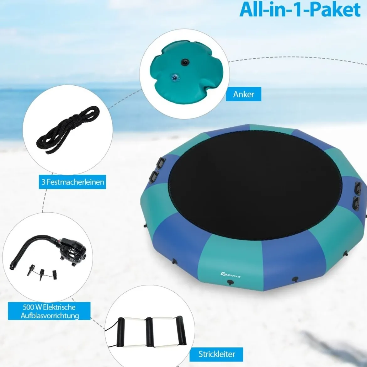 457cm Aufblasbares Wassertrampolin mit 500W elektrischer Aufblasvorrichtung Trampolin Bounce Blau + Grün