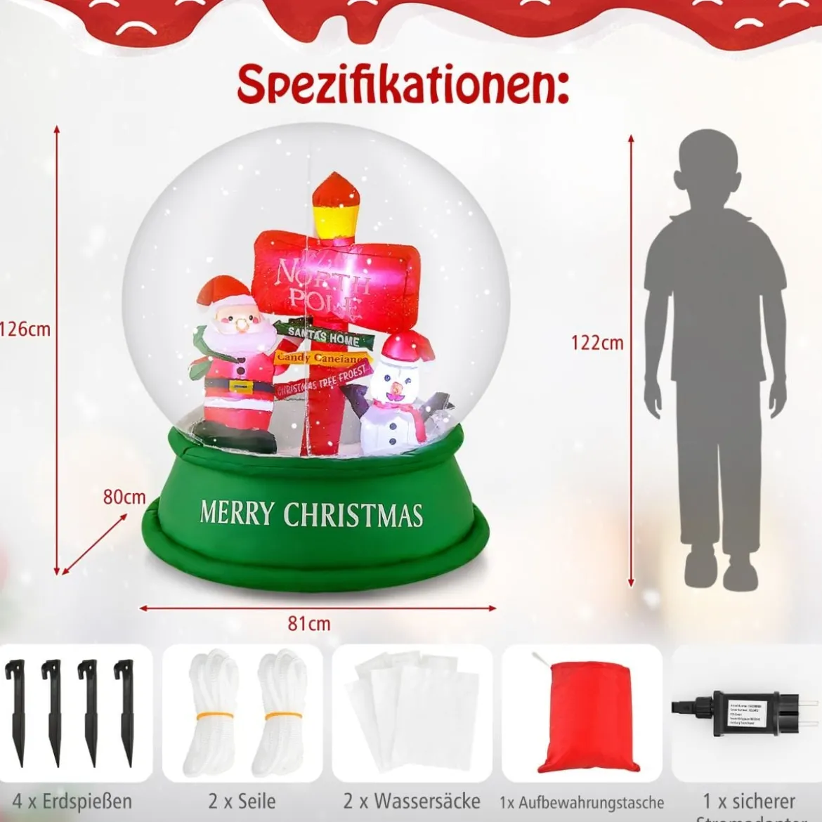 126CM Aufblasbare Weihnachten Deko LED Weihnachtsmann & Schneemann & Straßenschild Kugel