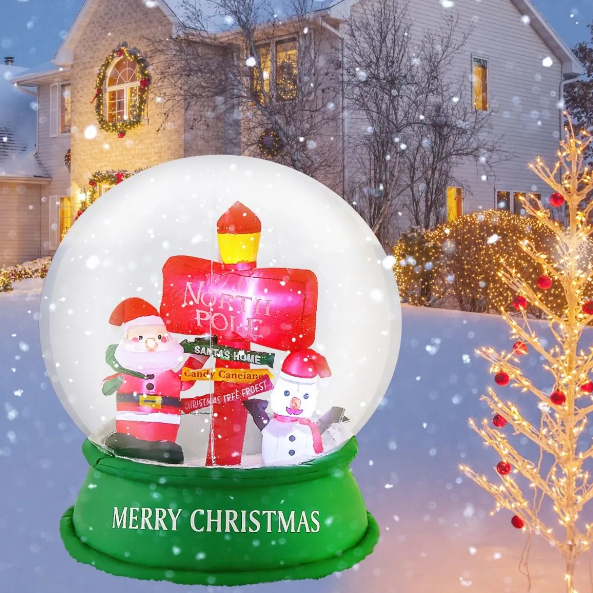 126CM Aufblasbare Weihnachten Deko LED Weihnachtsmann & Schneemann & Straßenschild Kugel