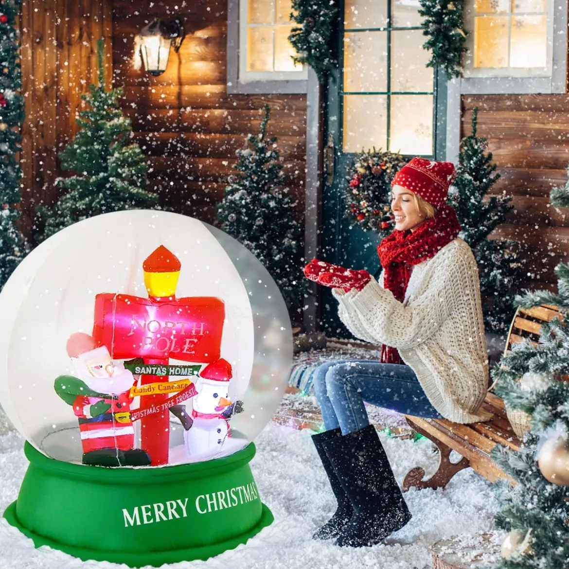 126CM Aufblasbare Weihnachten Deko LED Weihnachtsmann & Schneemann & Straßenschild Kugel