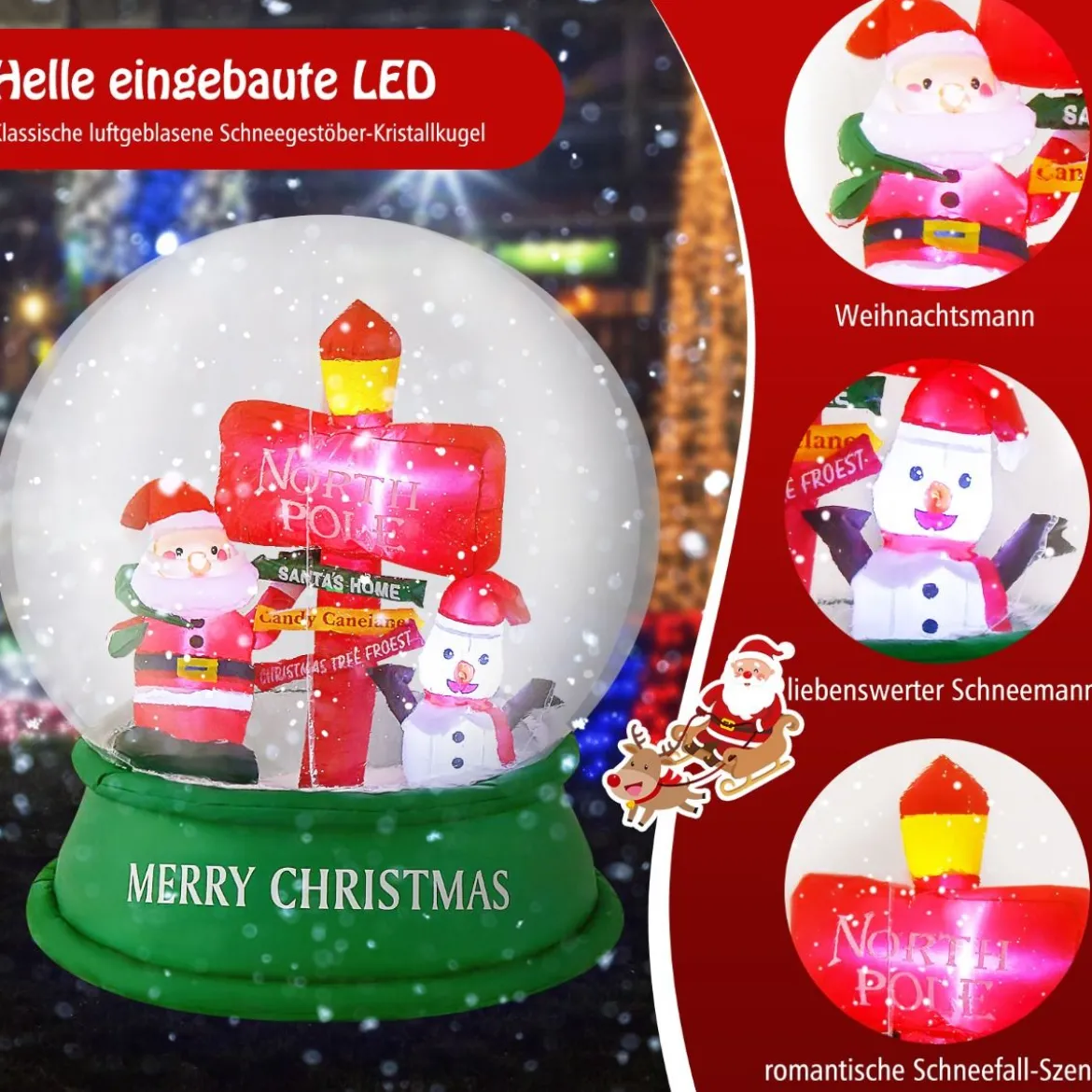 126CM Aufblasbare Weihnachten Deko LED Weihnachtsmann & Schneemann & Straßenschild Kugel