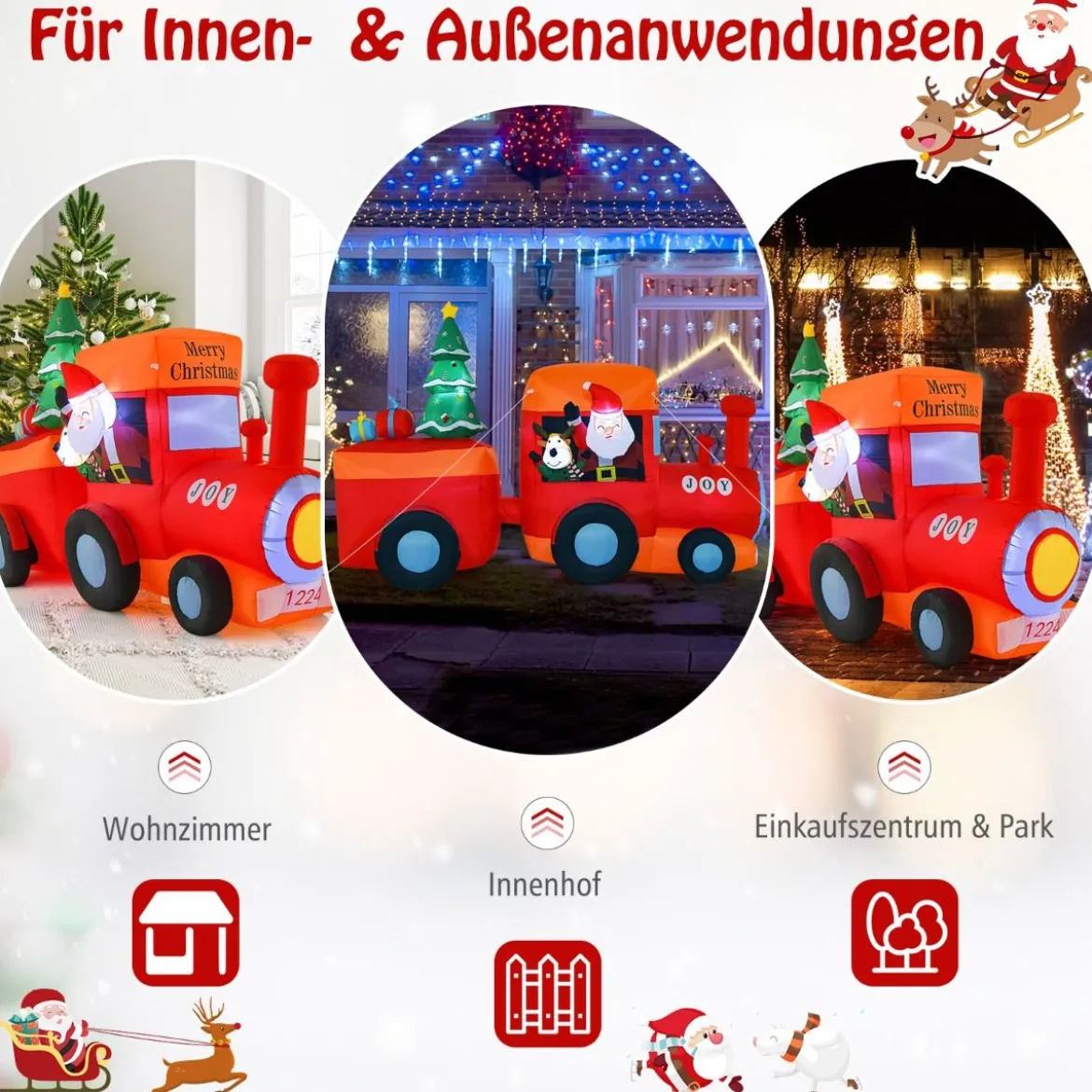 150CM Aufblasbare Weihnachten Deko LED Weihnachtsmann & Rentier im Minizug