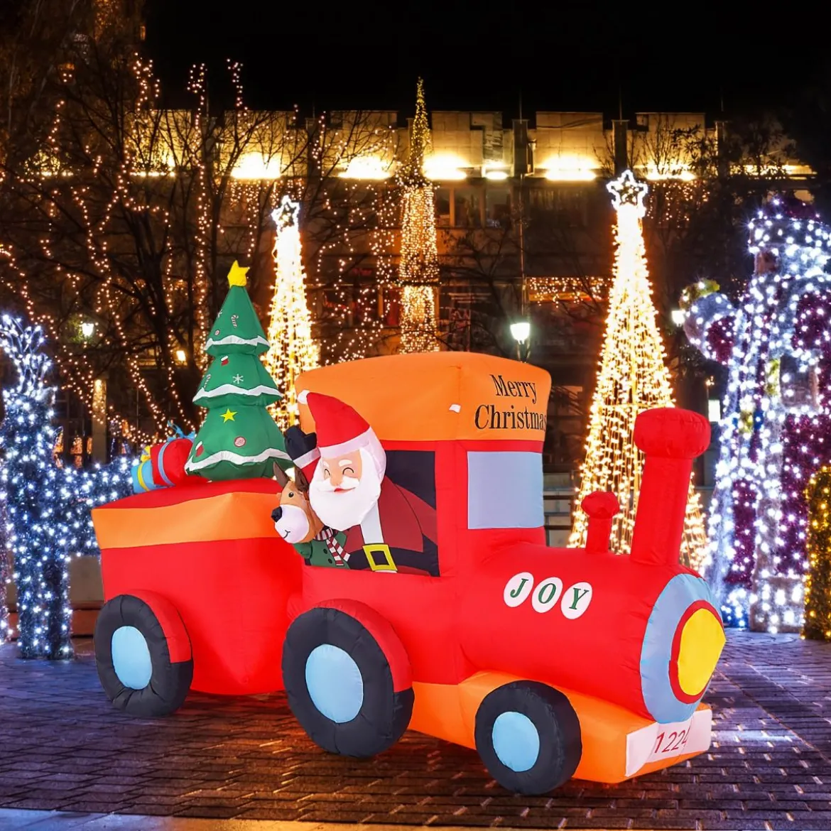 150CM Aufblasbare Weihnachten Deko LED Weihnachtsmann & Rentier im Minizug