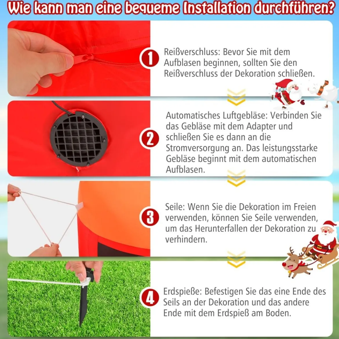 150CM Aufblasbare Weihnachten Deko LED Weihnachtsmann & Rentier im Minizug