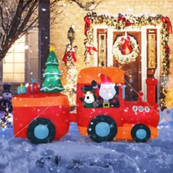 150CM Aufblasbare Weihnachten Deko LED Weihnachtsmann & Rentier im Minizug