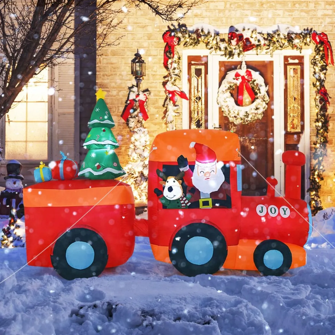 150CM Aufblasbare Weihnachten Deko LED Weihnachtsmann & Rentier im Minizug